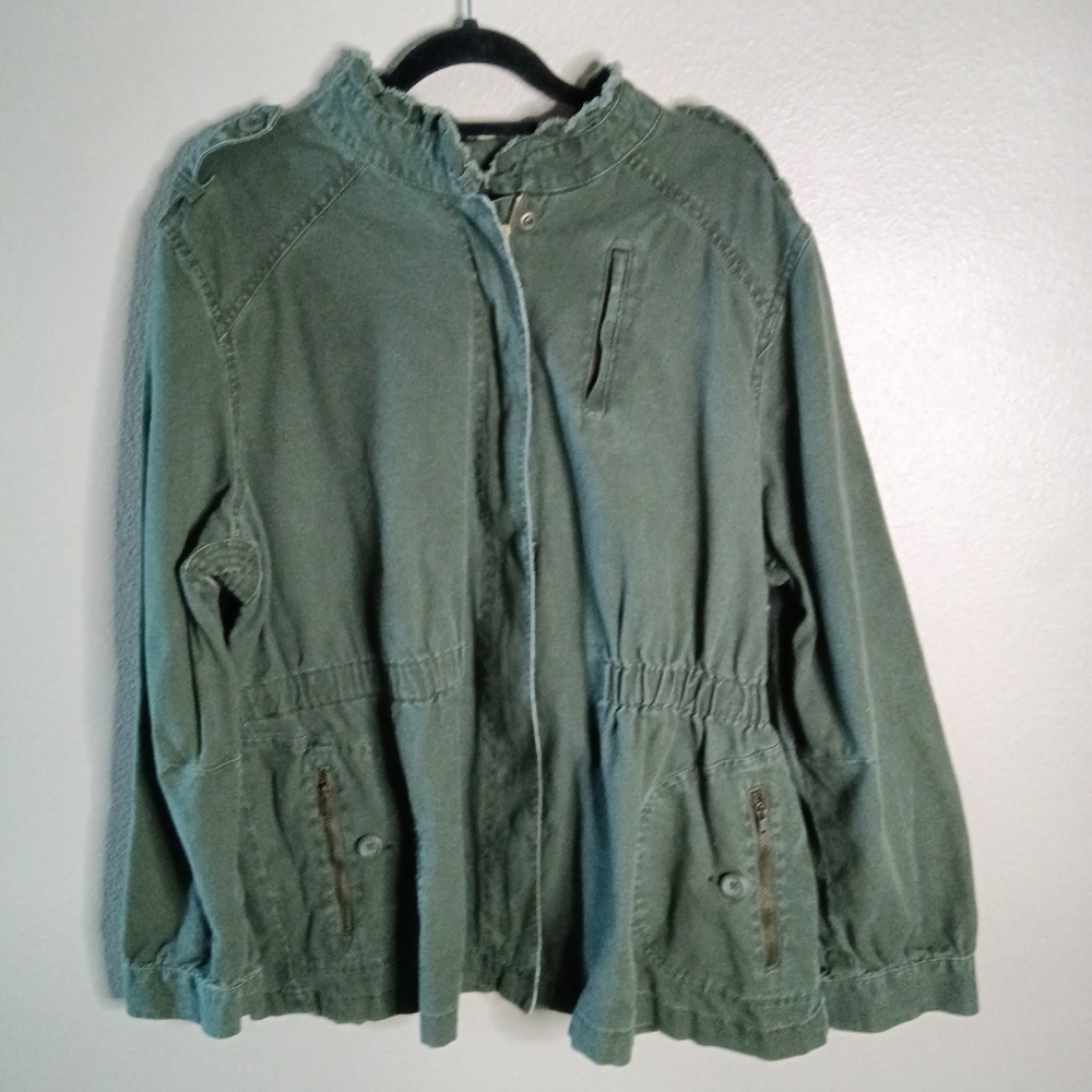 ELLE Full Zip Mock Neck Gray Military Jacket Plus Size 1X